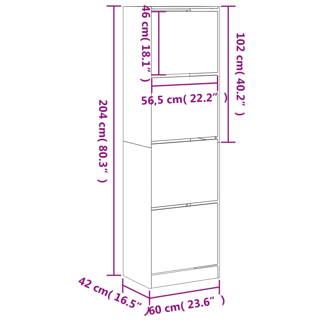 vidaXL Mueble zapatero 4 cajones abatibles gris hormigón 60x42x204 cm