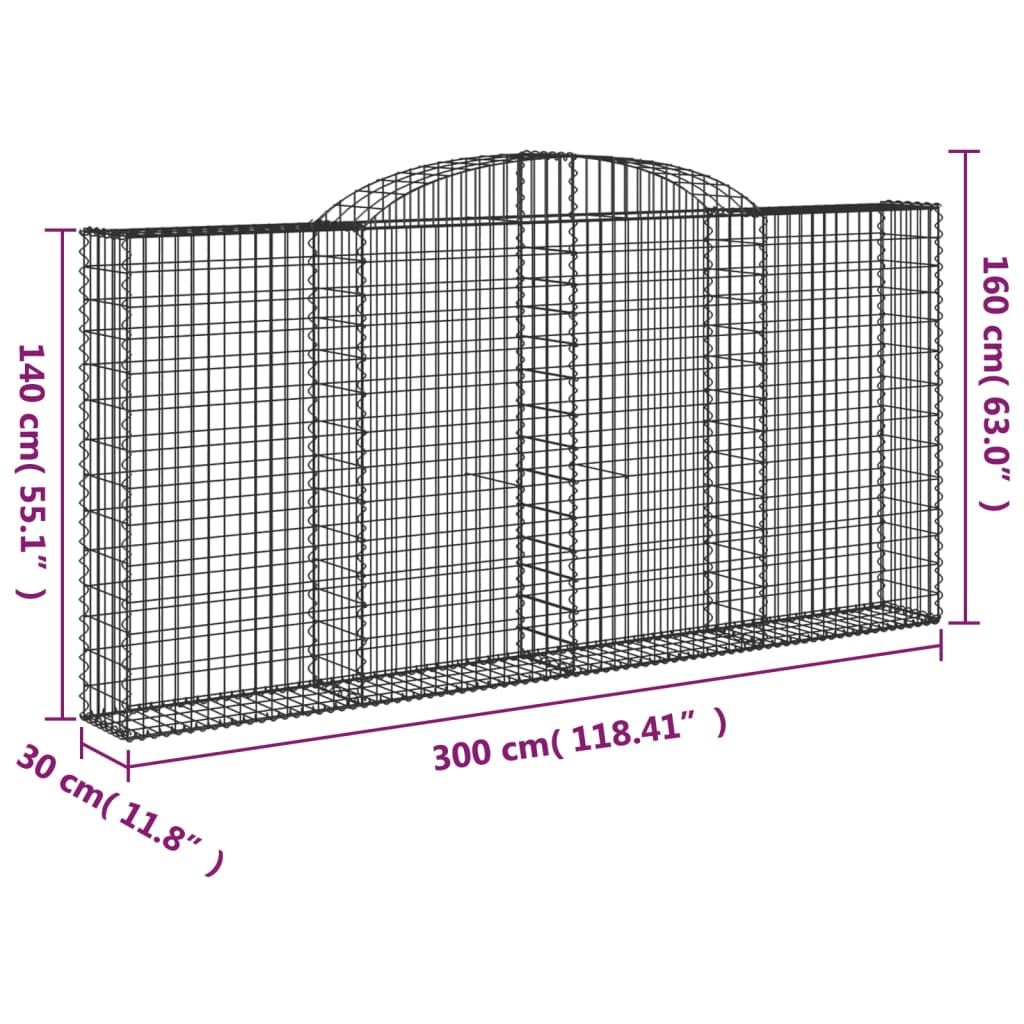 vidaXL Cestas gaviones 12 uds forma de arco hierro 300x30x140/160 cm