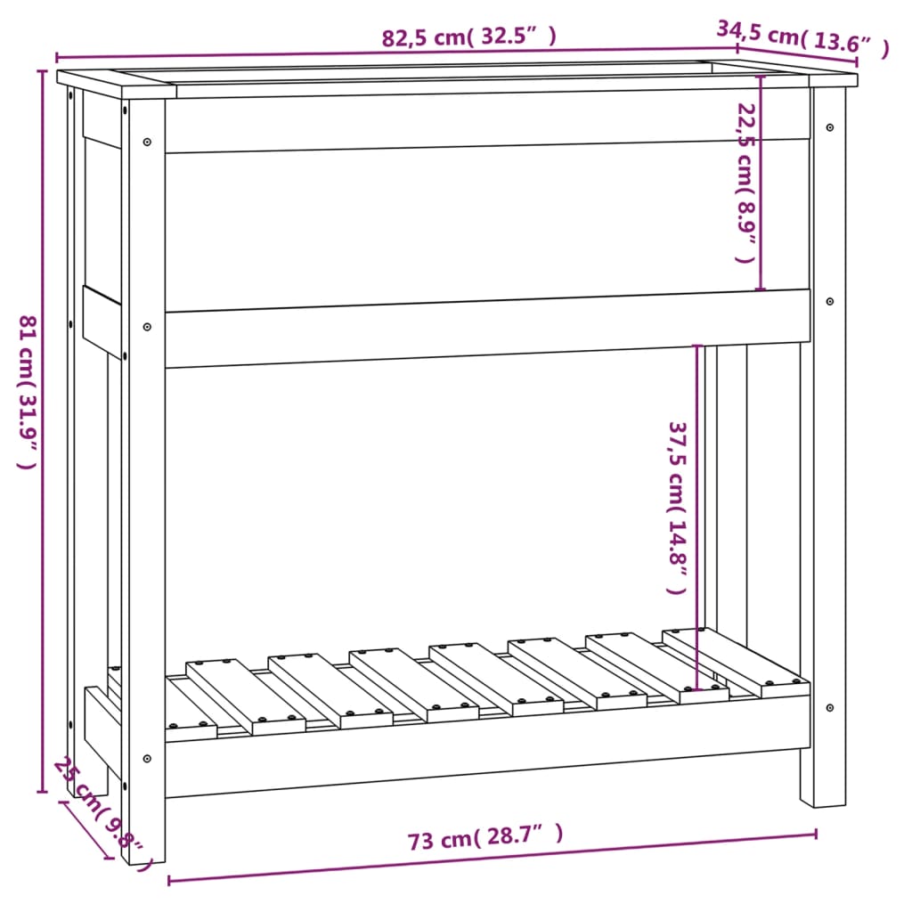 vidaXL Jardinera con estante madera maciza pino negro 82,5x34,5x81 cm