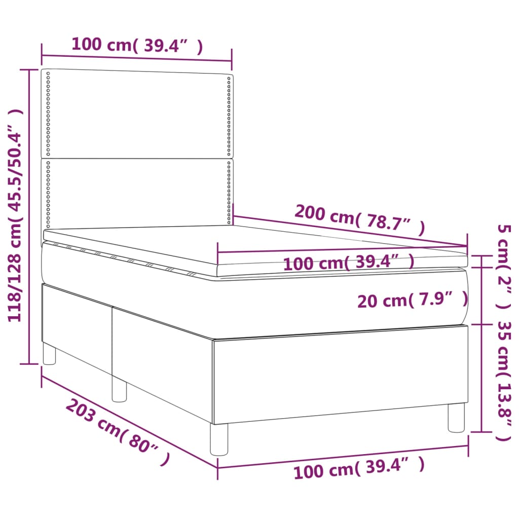 vidaXL Cama box spring colchón y luces LED tela gris taupe 100x200 cm