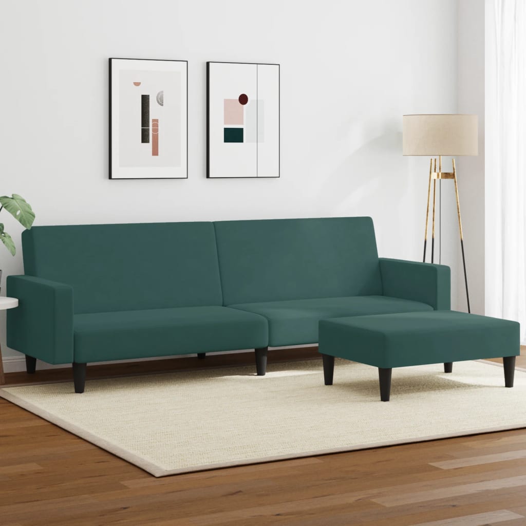 vidaXL Sofá cama de 2 plazas con taburete terciopelo verde oscuro