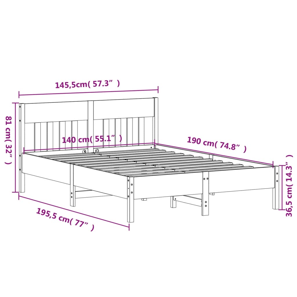 vidaXL Cama sin colchón madera maciza de pino marrón cera 140x190 cm