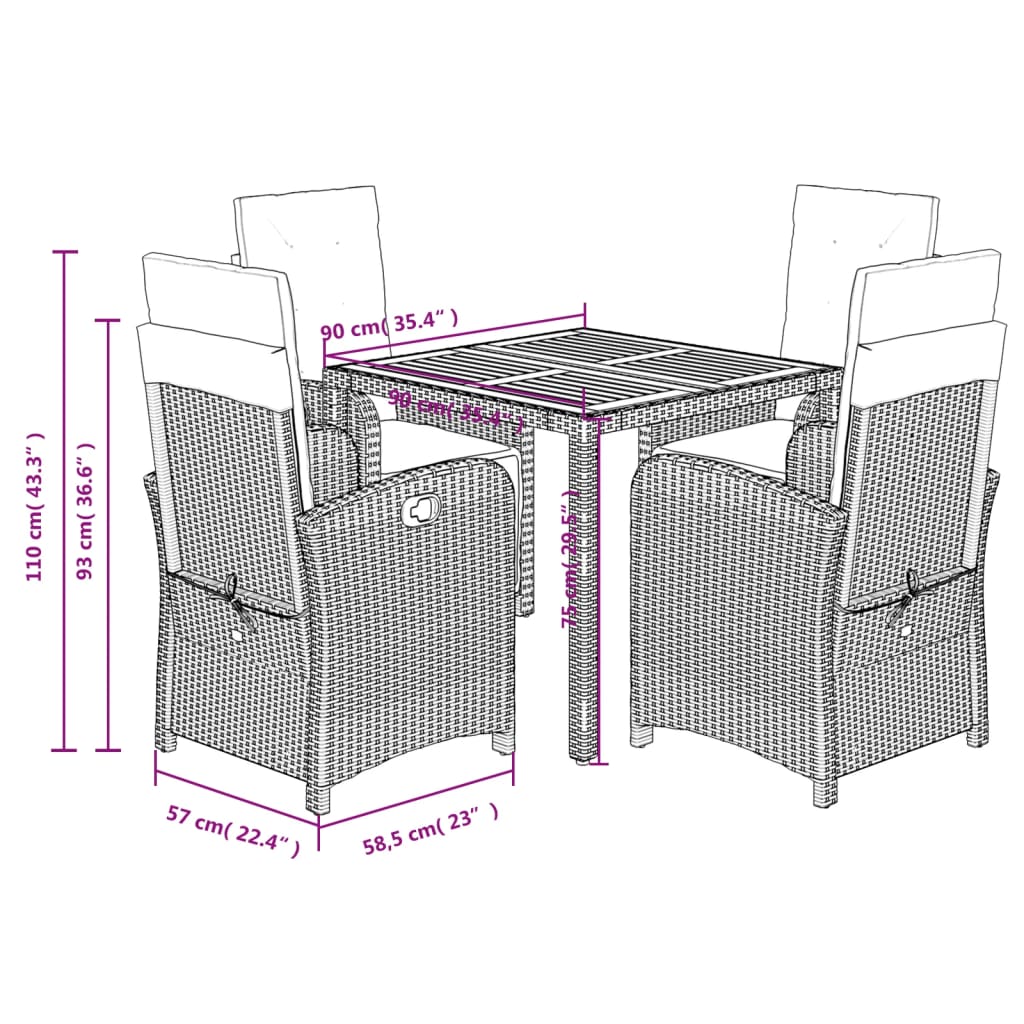 vidaXL Set comedor de jardín 5 piezas con cojines ratán sintético gris