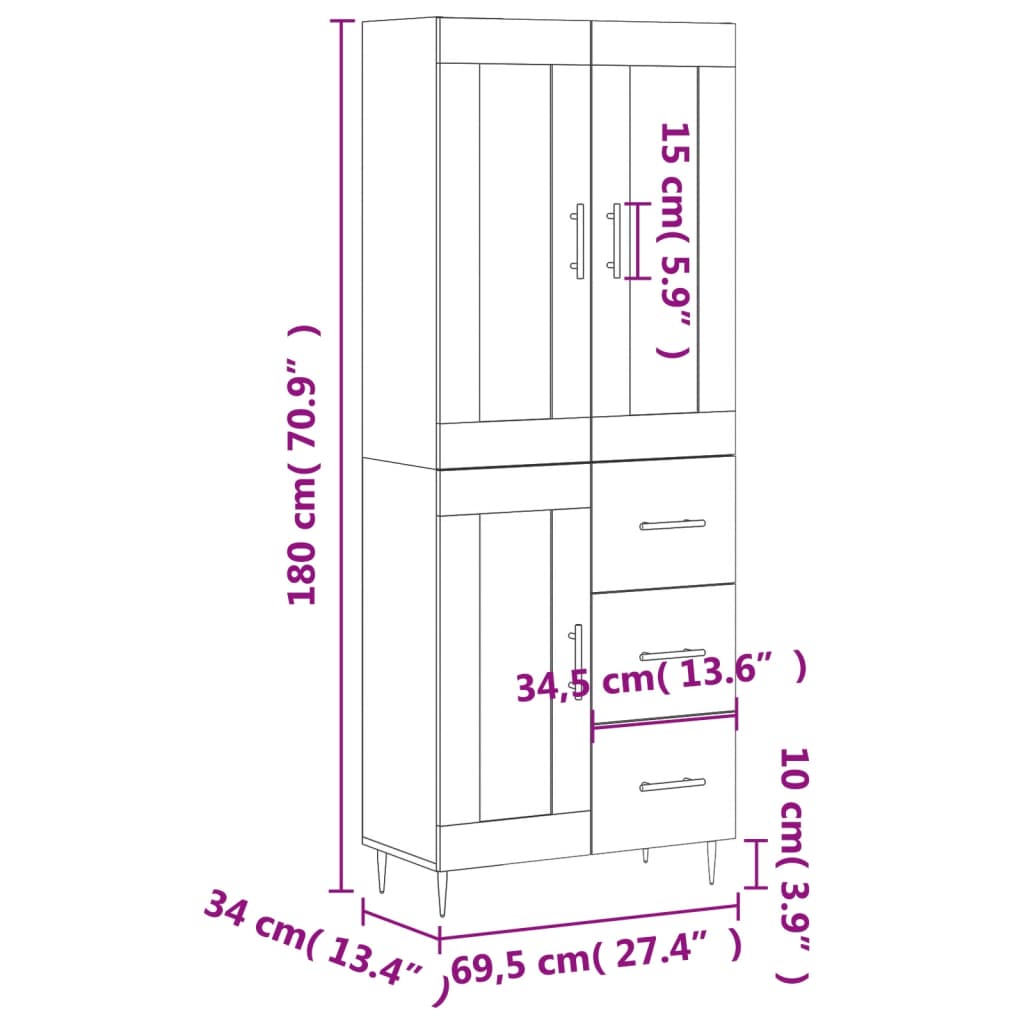 vidaXL Aparador alto madera contrachapada blanco 69,5x34x180 cm