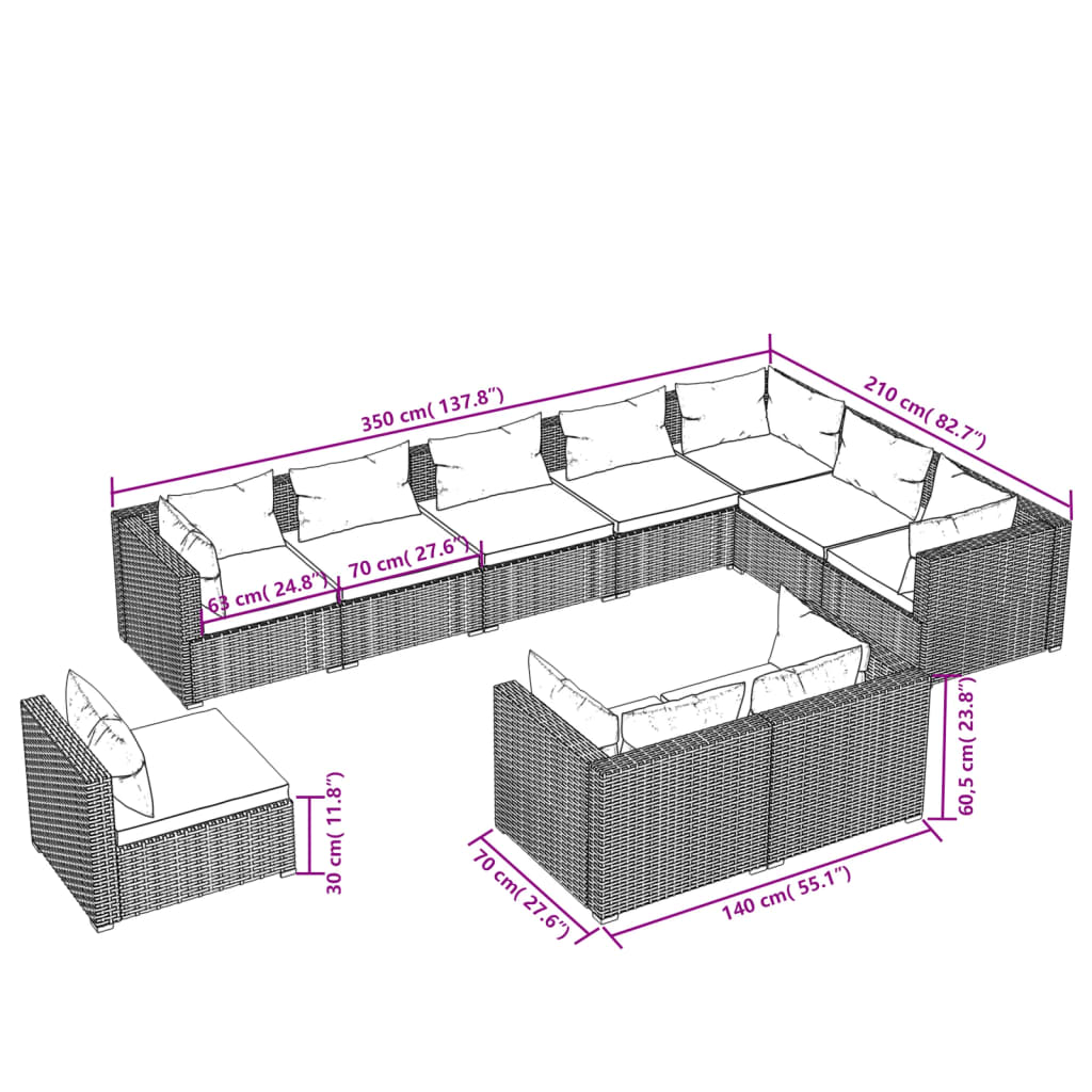 vidaXL Set muebles de jardín 10 pzas y cojines ratán sintético marrón