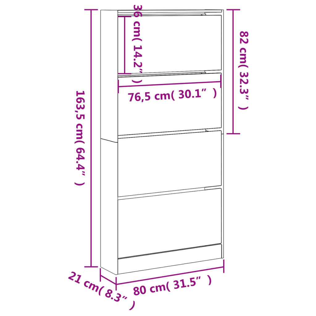 vidaXL Mueble zapatero 4 cajones abatibles gris Sonoma 80x21x163,5 cm