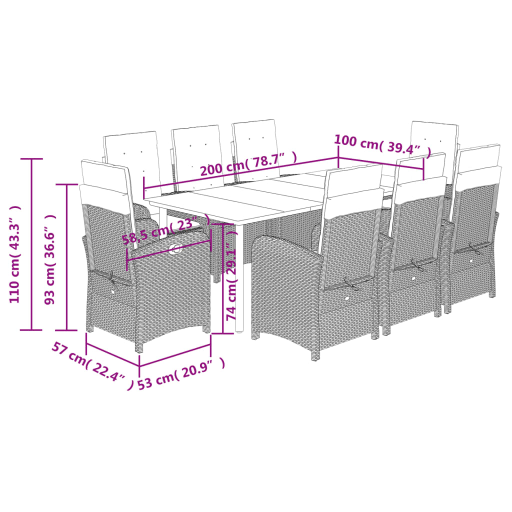 vidaXL Set comedor de jardín 9 pzas con cojines ratán sintético beige