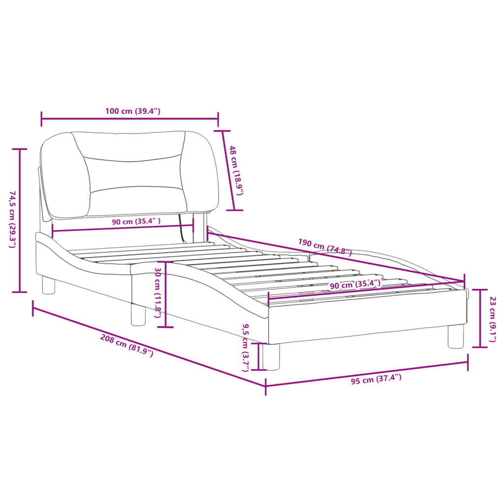 vidaXL Estructura cama con LED cuero sintético negro blanco 90x190 cm