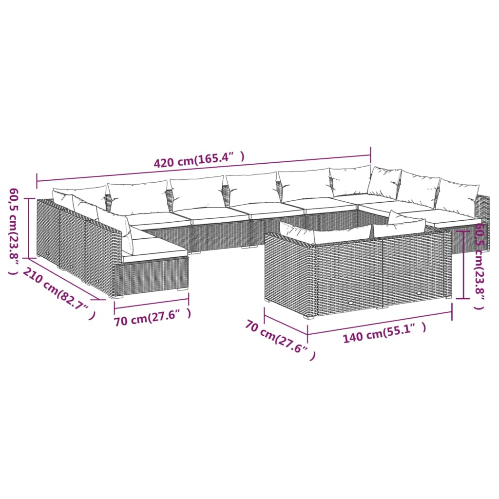 vidaXL Set muebles de jardín 12 pzas y cojines ratán sintético marrón