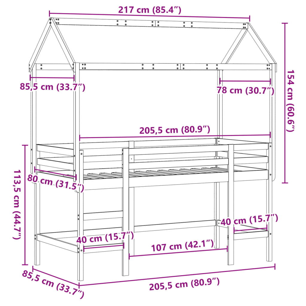 vidaXL Cama alta escalera y techo madera maciza pino blanca 80x200 cm