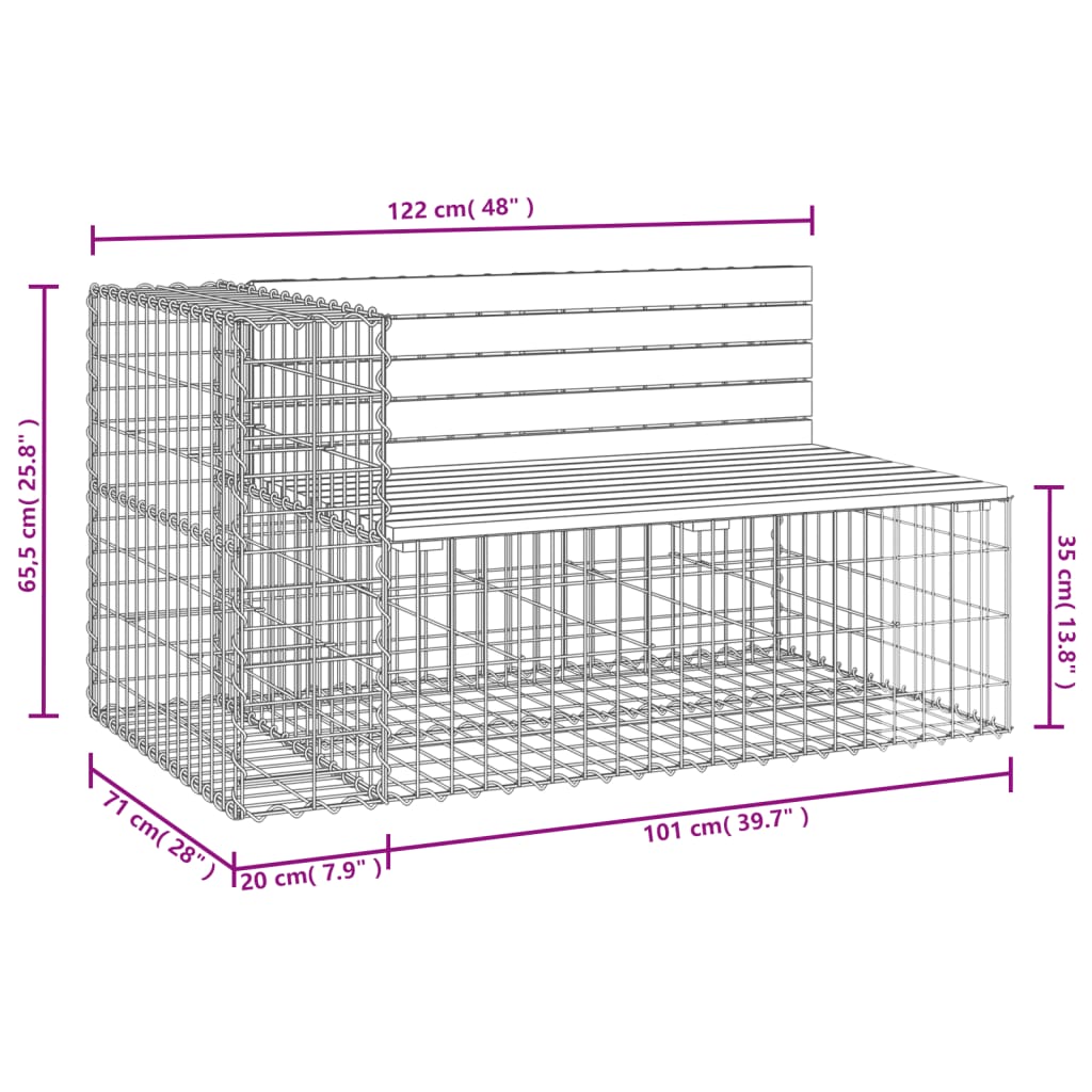 vidaXL Banco jardín diseño gaviones madera abeto Douglas 122x71x65,5cm