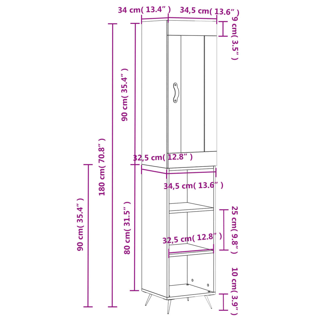 vidaXL Aparador de madera contrachapada negro 34,5x34x180 cm