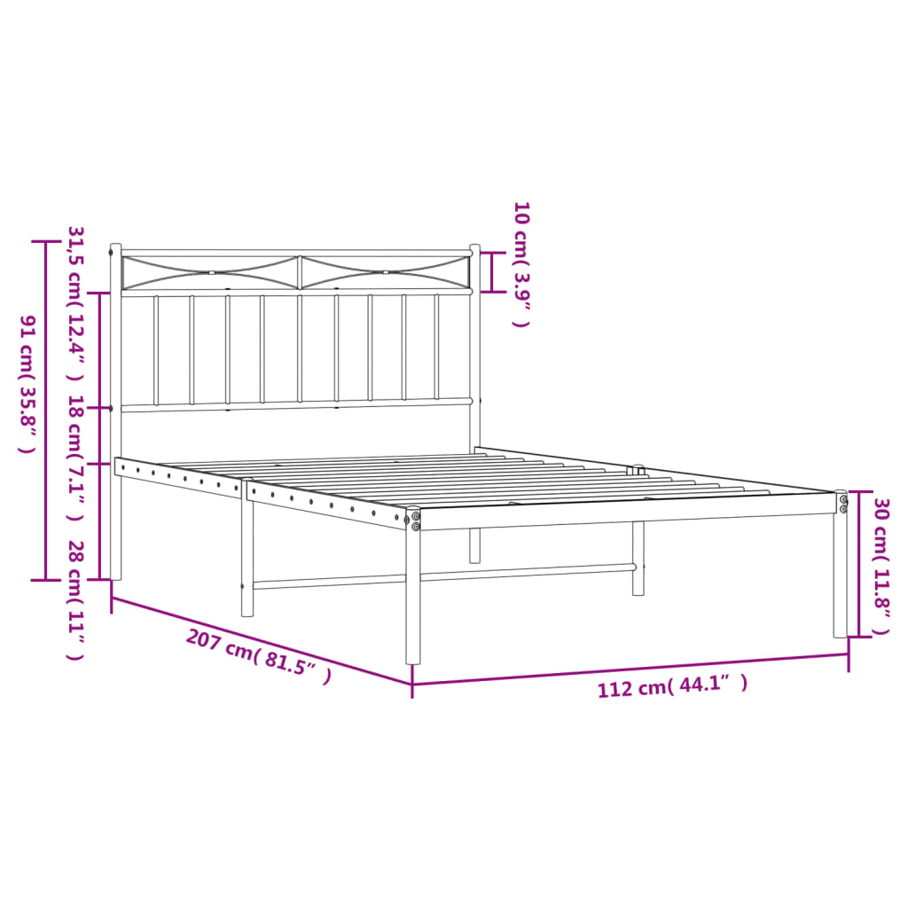 vidaXL Estructura cama sin colchón con cabecero metal blanco 107x203cm