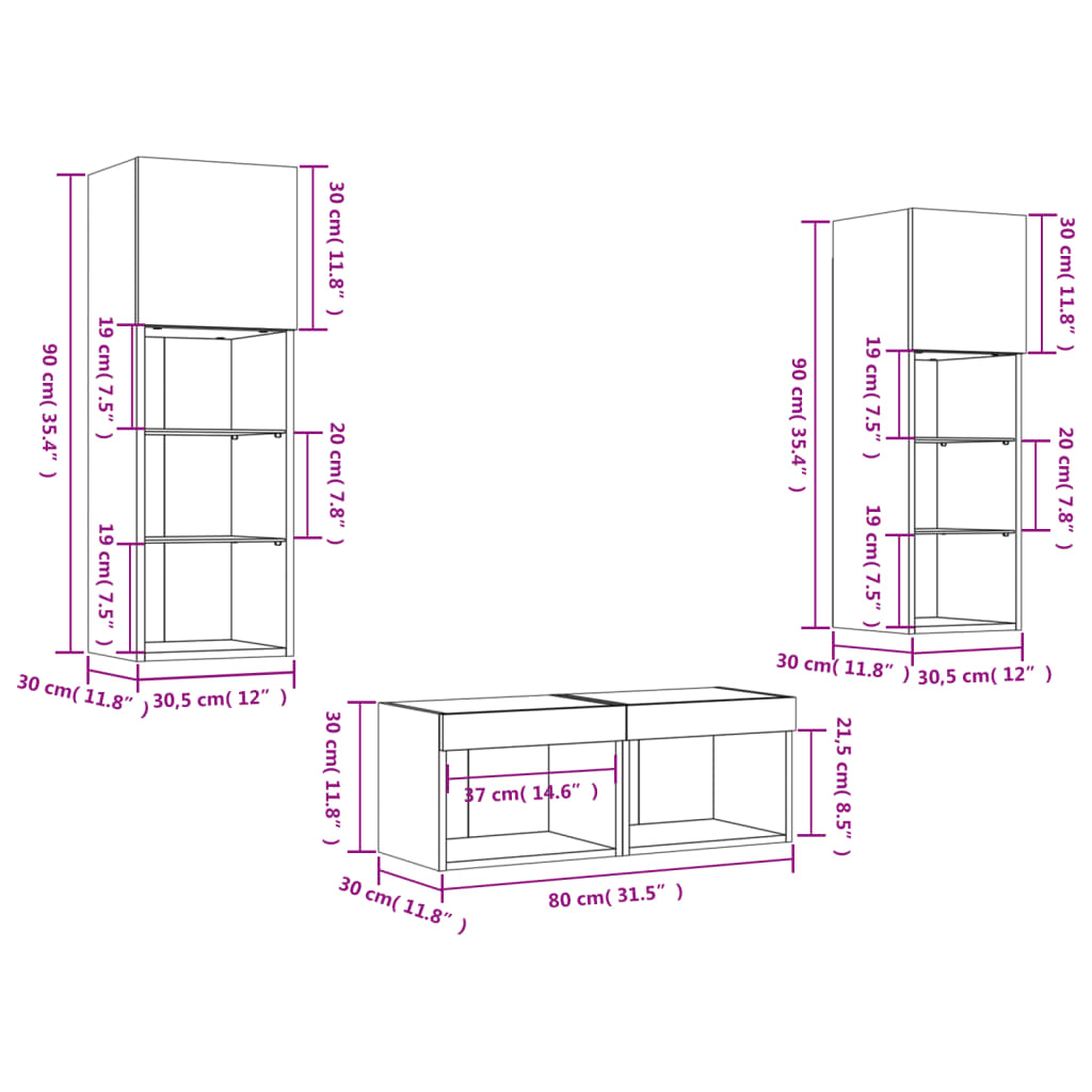 vidaXL Muebles de TV de pared con luces LED 4 piezas gris Sonoma