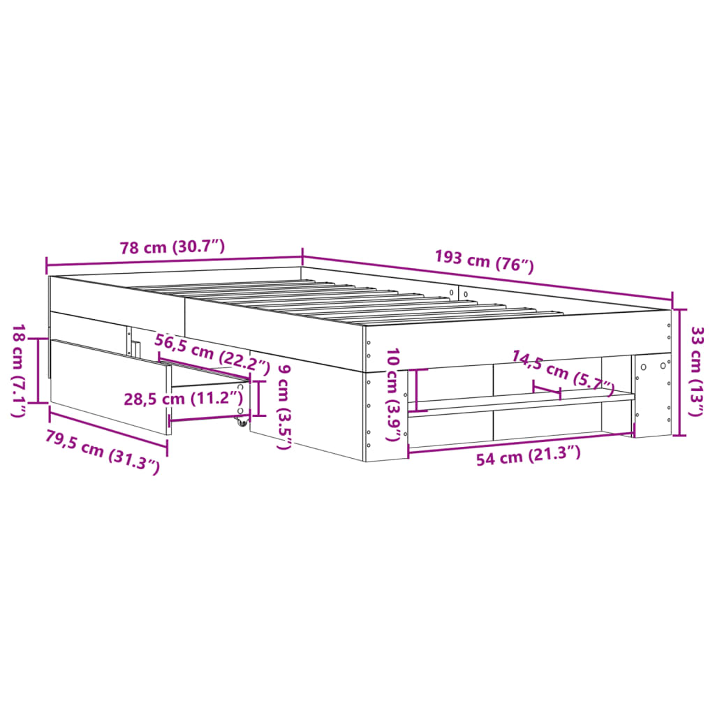 vidaXL Estructura de cama sin colchón madera roble Sonoma 75x190 cm