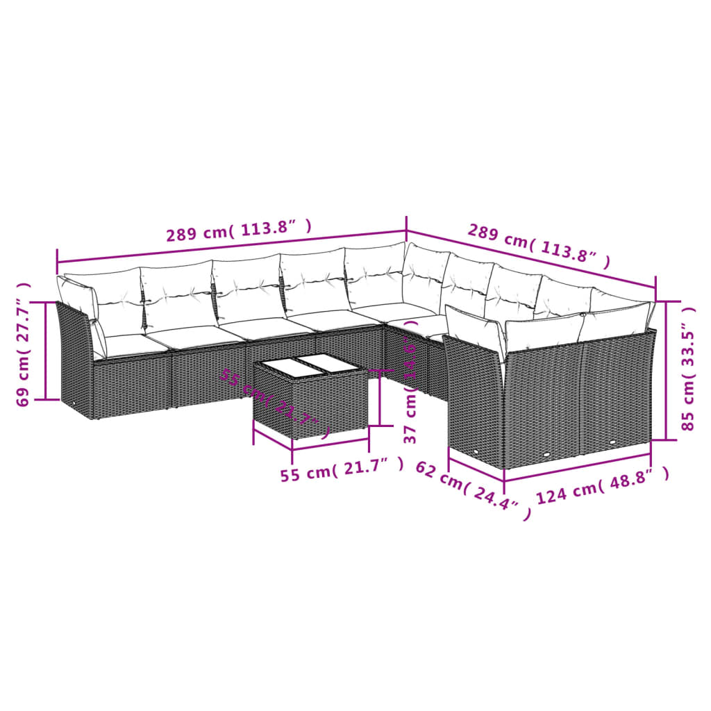 vidaXL Set de sofás de jardín 11 pzas y cojines ratán sintético gris