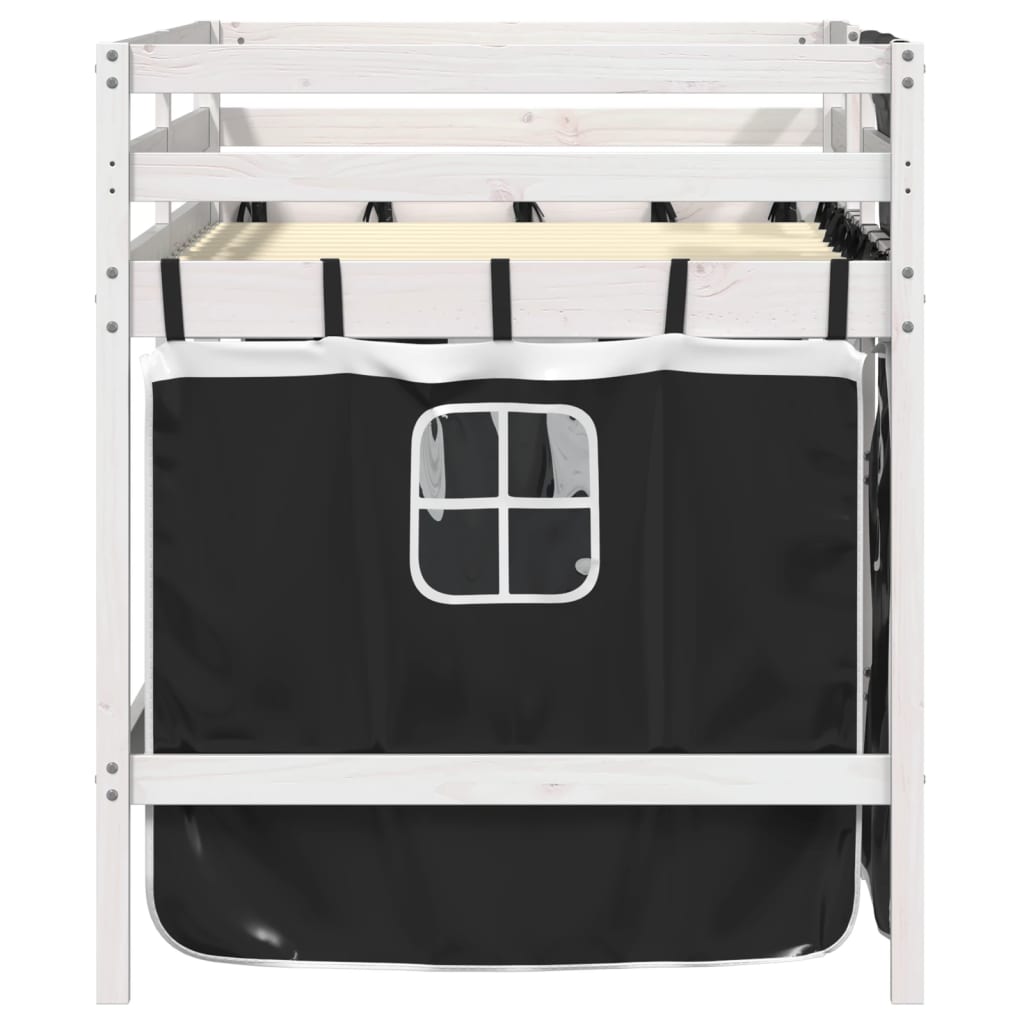 vidaXL Cama alta niños con cortinas madera pino blanco negro 80x200 cm