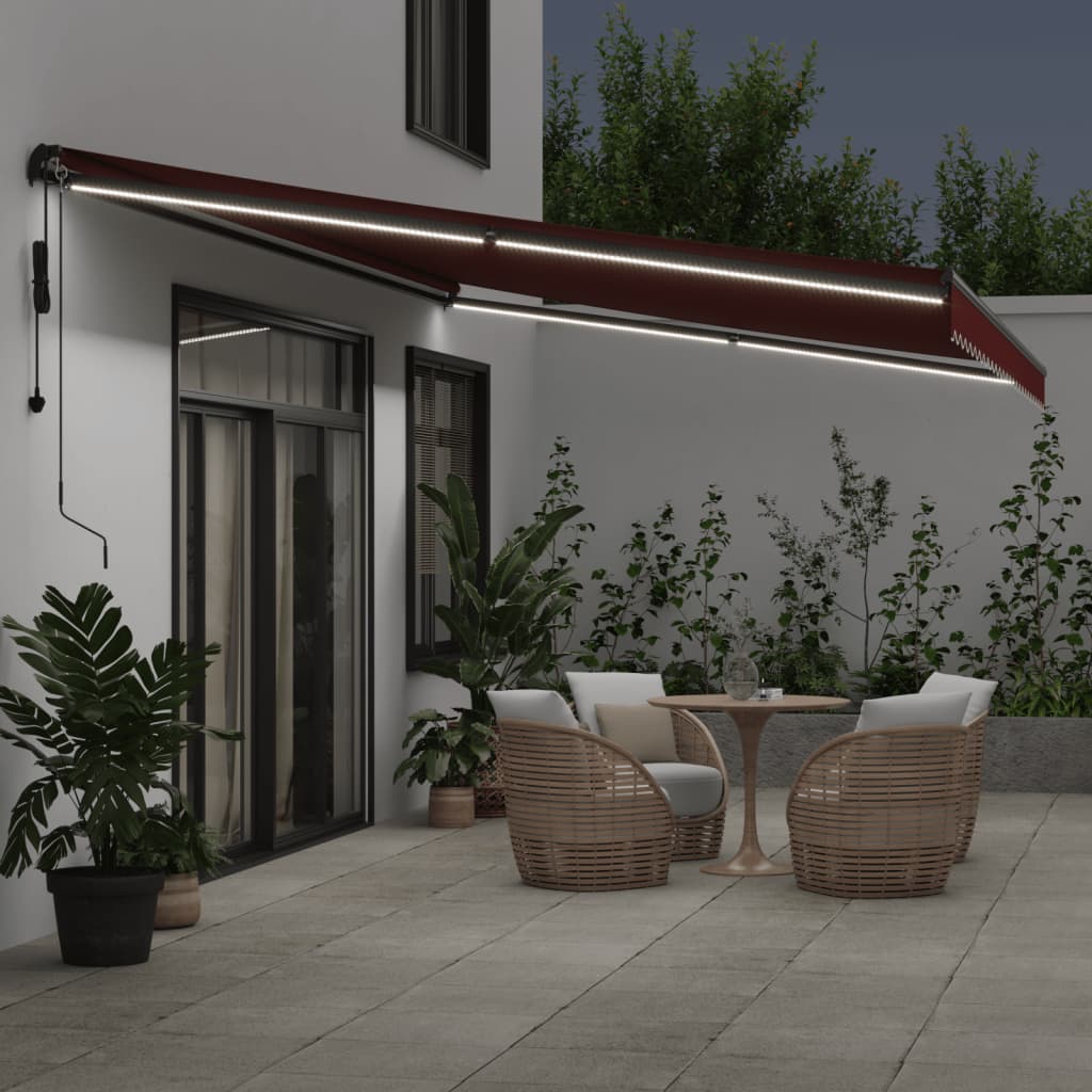 vidaXL Toldo retráctil automático con luces LED burdeos 600x350 cm