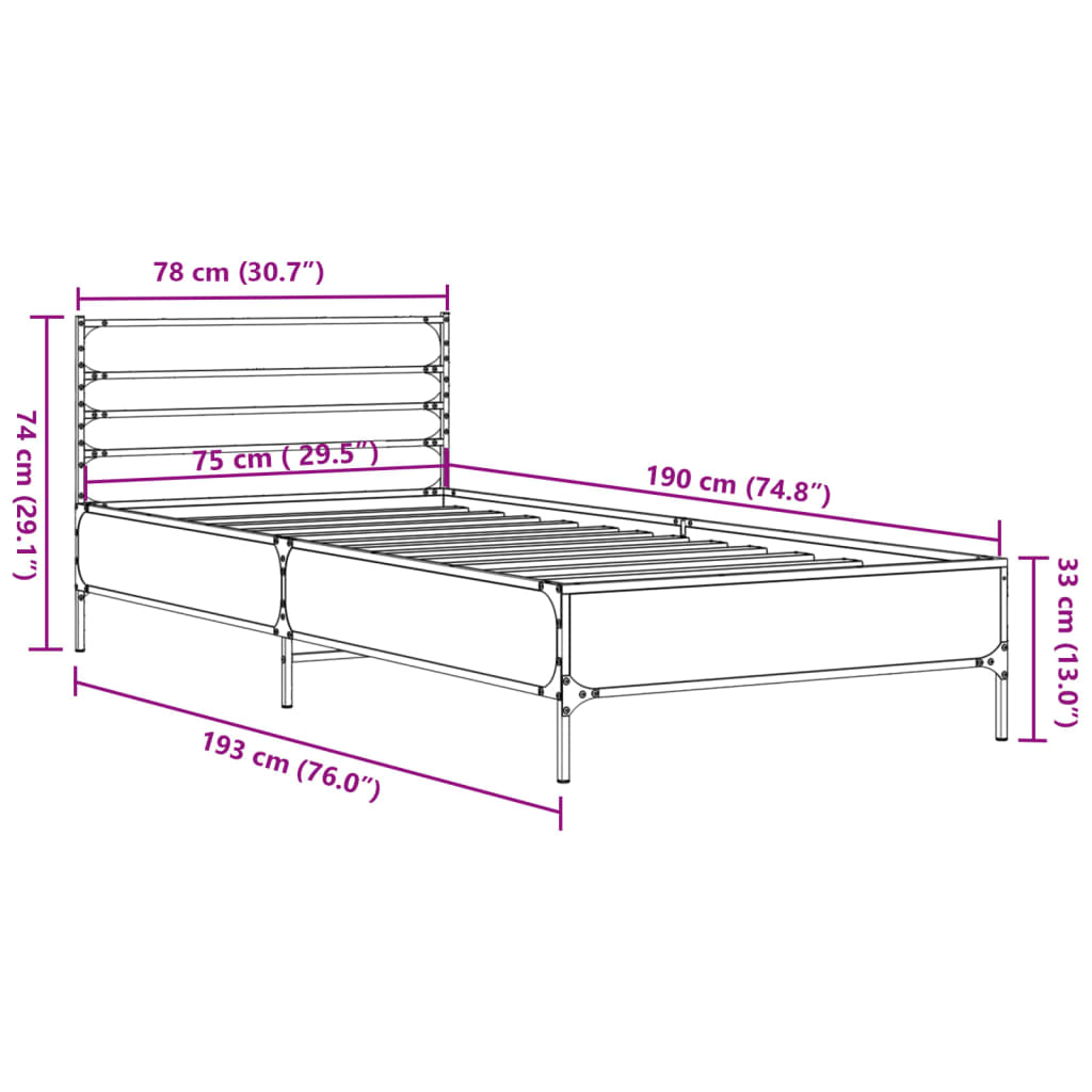 vidaXL Estructura cama madera ingeniería metal roble marrón 75x190 cm