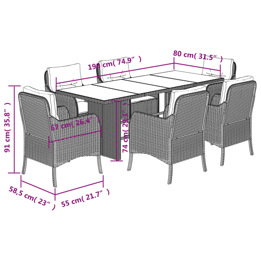 vidaXL Set comedor de jardín 7 pzas con cojines ratán sintético marrón