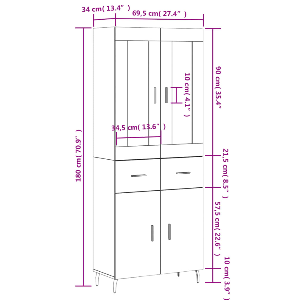 vidaXL Aparador alto madera contrachapada roble ahumado 69,5x34x180 cm