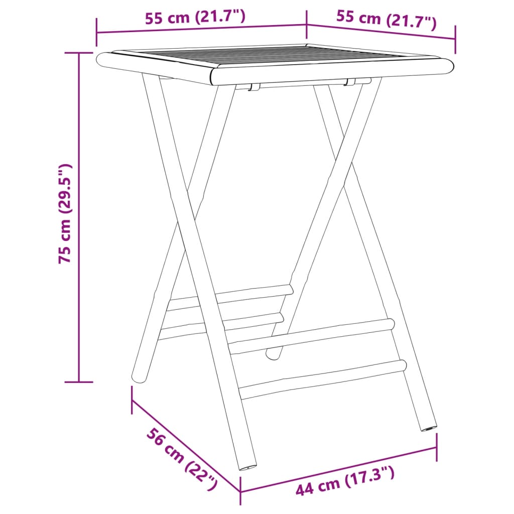 vidaXL Mesa plegable de jardín de bambú 55x55x75 cm