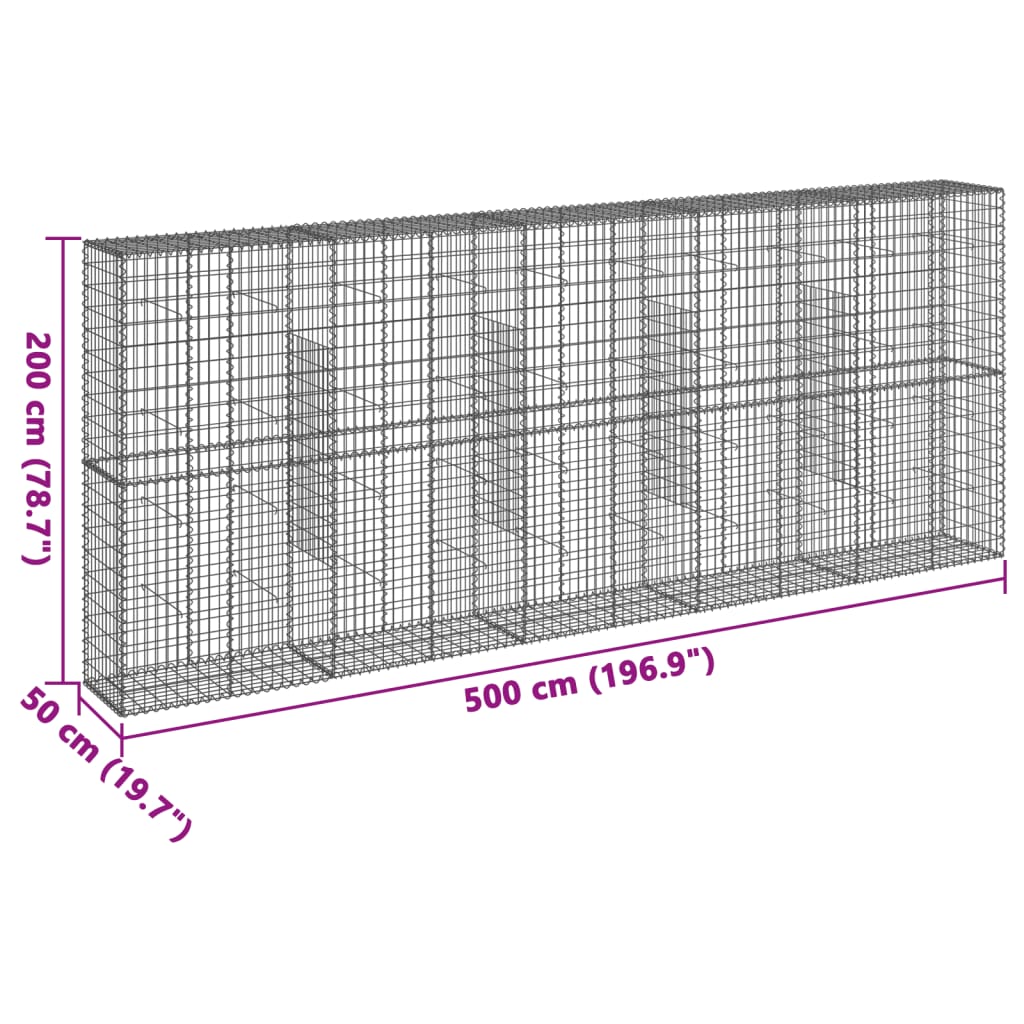 vidaXL Cesta de gaviones con cubierta hierro galvanizado 500x50x200 cm