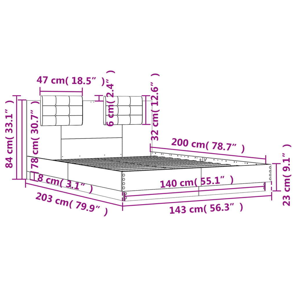 vidaXL Estructura de cama con cabecero y luces LED negro 140x200 cm