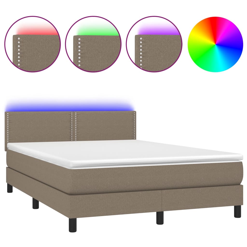 vidaXL Cama box spring colchón y luces LED tela gris taupe 140x190 cm