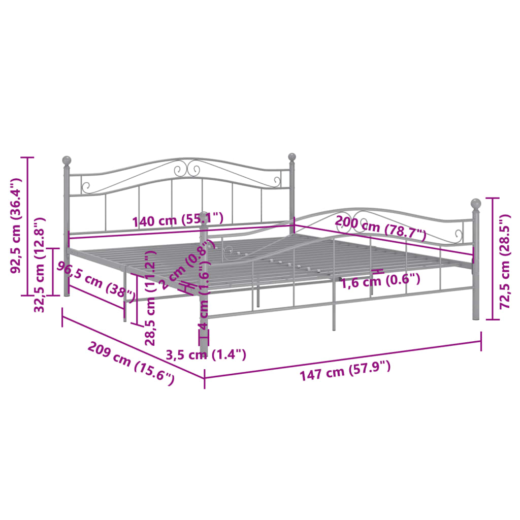 vidaXL Estructura de cama sin colchón metal gris 140x200 cm