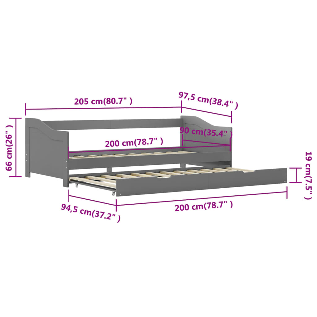 vidaXL Estructura de sofá cama extraíble sin colchón gris 90x200cm