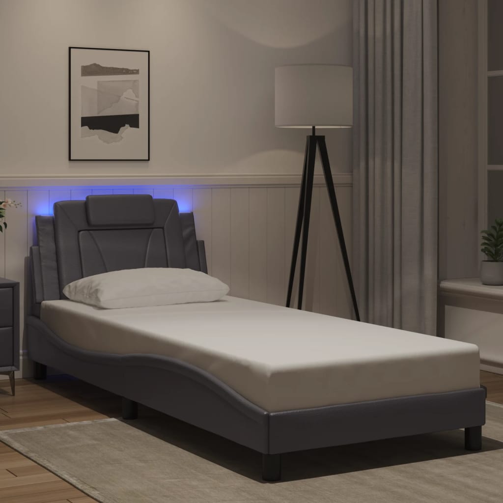 vidaXL Estructura de cama con luces LED cuero sintético gris 90x190 cm