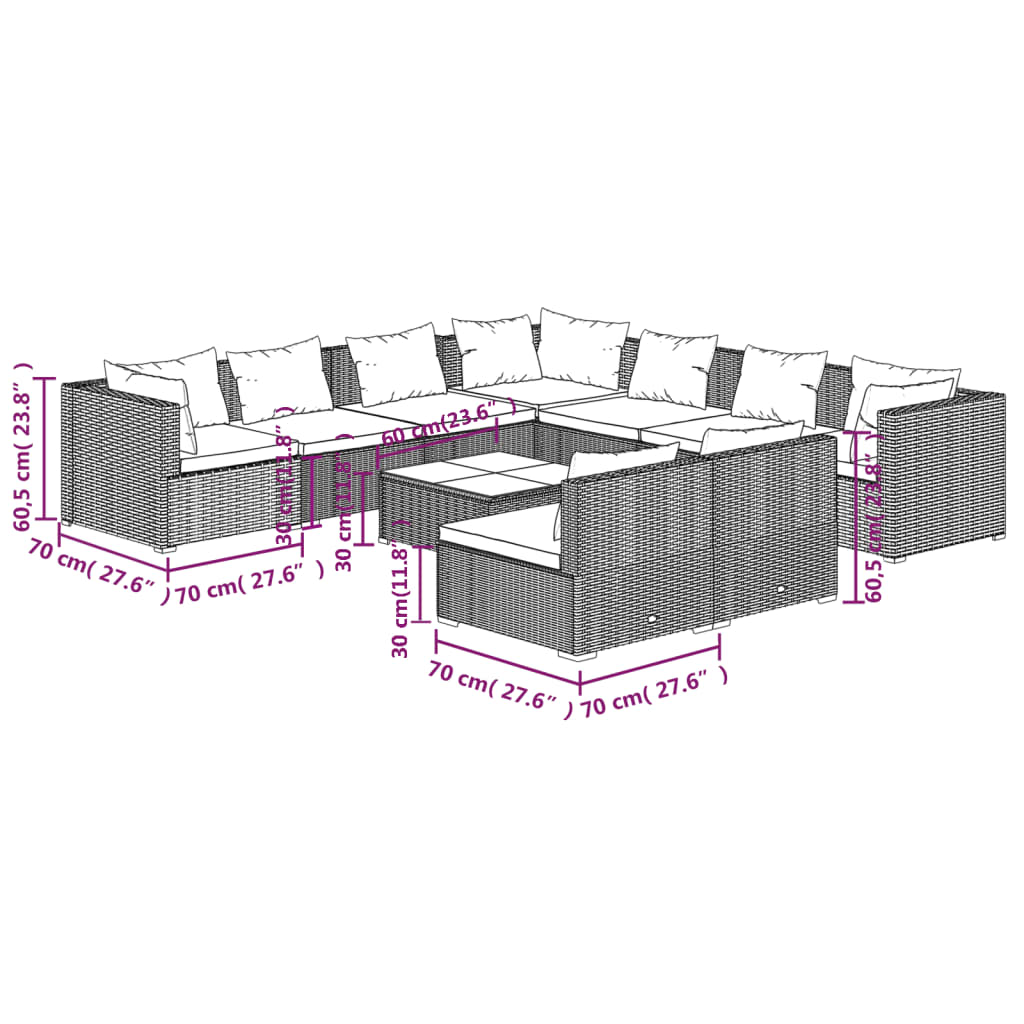 vidaXL Set de muebles de jardín 10 pzas cojines ratán sintético negro