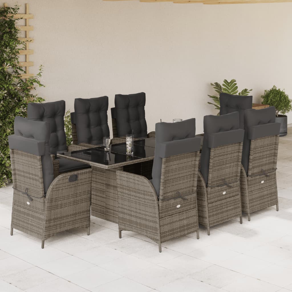 vidaXL Set comedor jardín 9 pzas y cojines ratán sintético gris