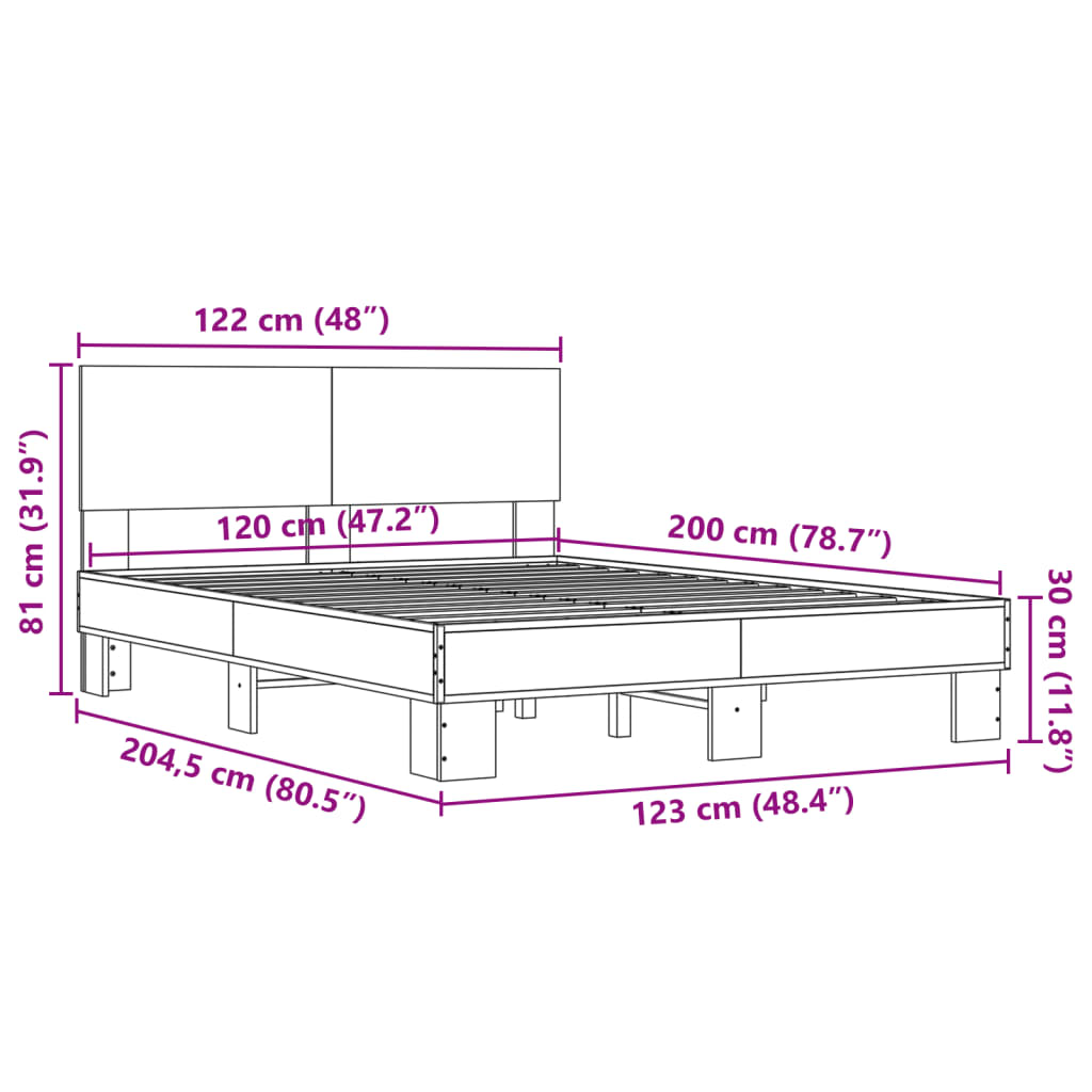 vidaXL Estructura cama madera ingeniería metal marrón roble 120x200 cm