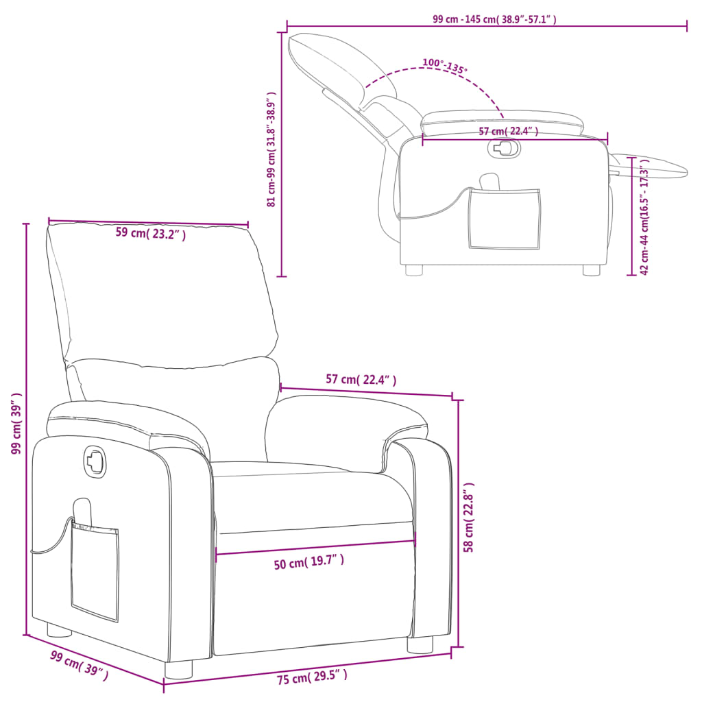 vidaXL Sillón de masaje reclinable de tela color vino tinto