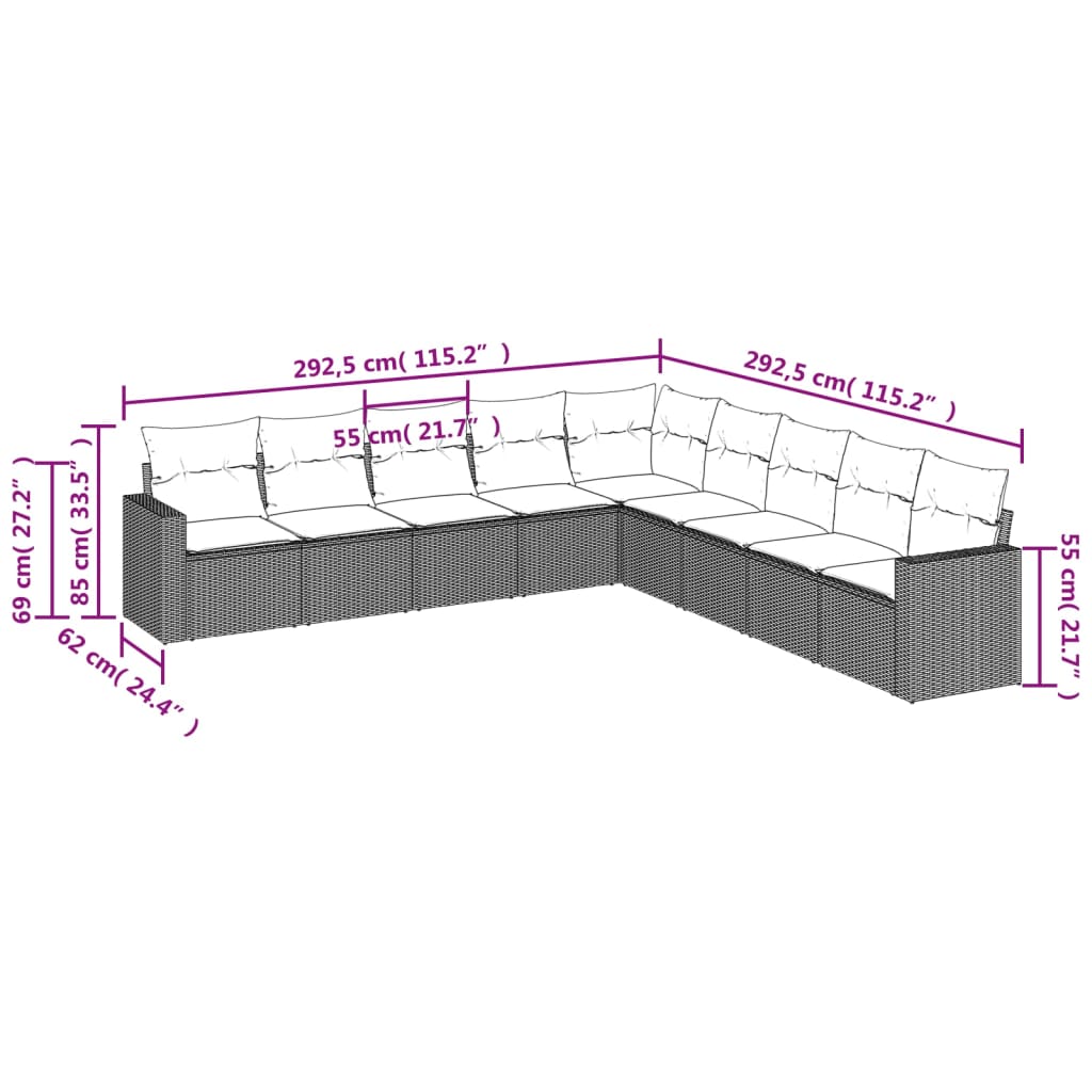 vidaXL Set de muebles de jardín 9 pzas y cojines ratán sintético gris