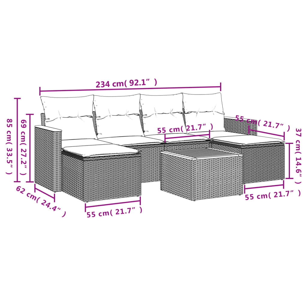 vidaXL Set de comedor de jardín 7 pzas y cojines ratán sintético negro