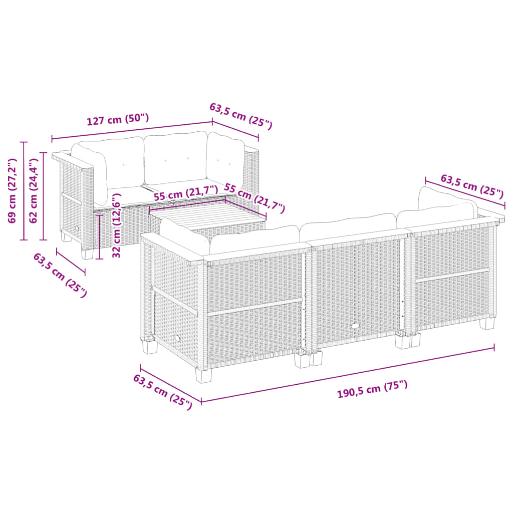 vidaXL Set de muebles de jardín 6 pzas y cojines ratán sintético gris