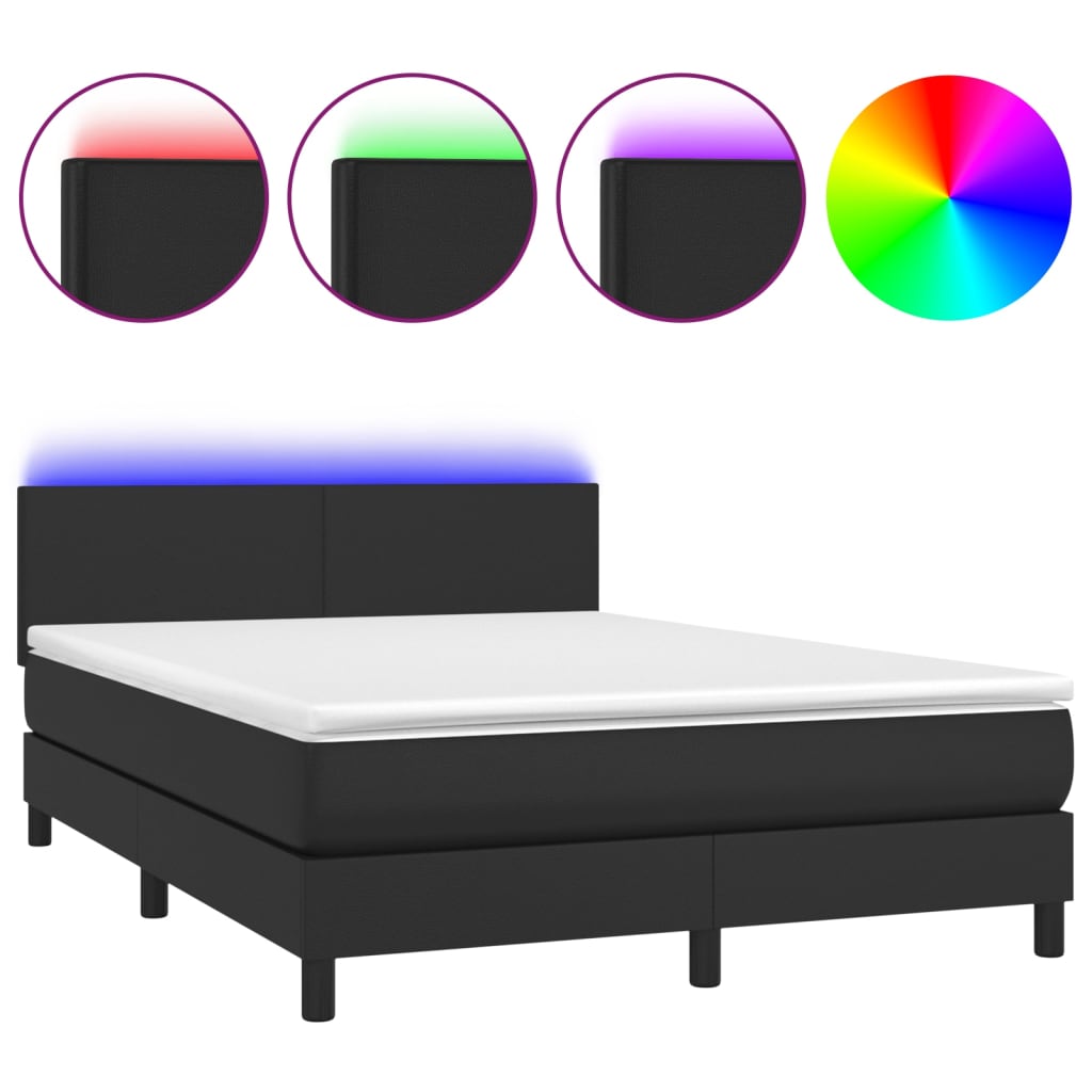 vidaXL Cama box spring colchón y LED cuero sintético negro 140x200 cm