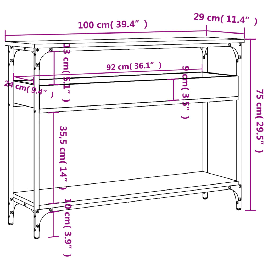 vidaXL Mesa consola estante madera ingeniería roble humo 100x29x75 cm