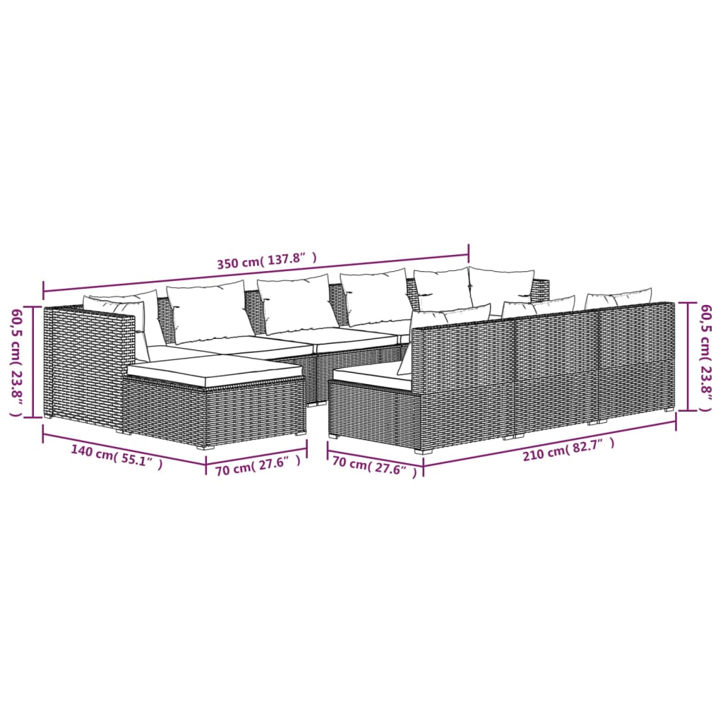 vidaXL Set de muebles de jardín 10 pzas y cojines ratán sintético gris