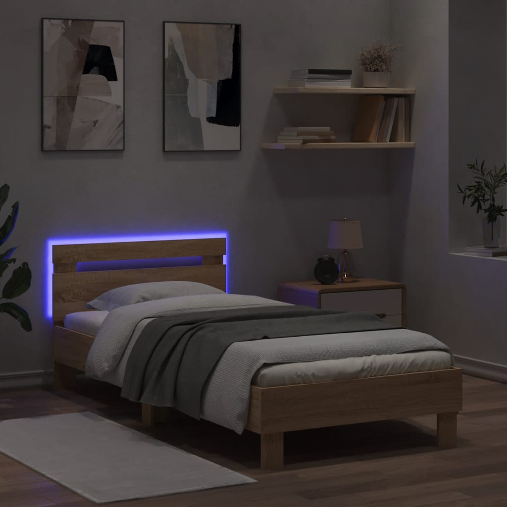 vidaXL Estructura de cama cabecero luces LED roble Sonoma 75x190 cm