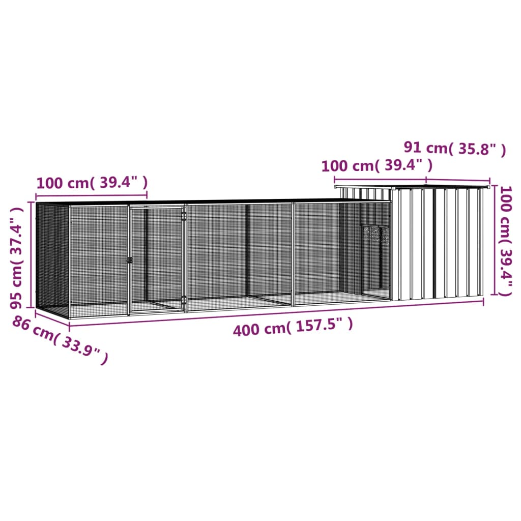 vidaXL Gallinero de acero galvanizado gris 400x91x100 cm