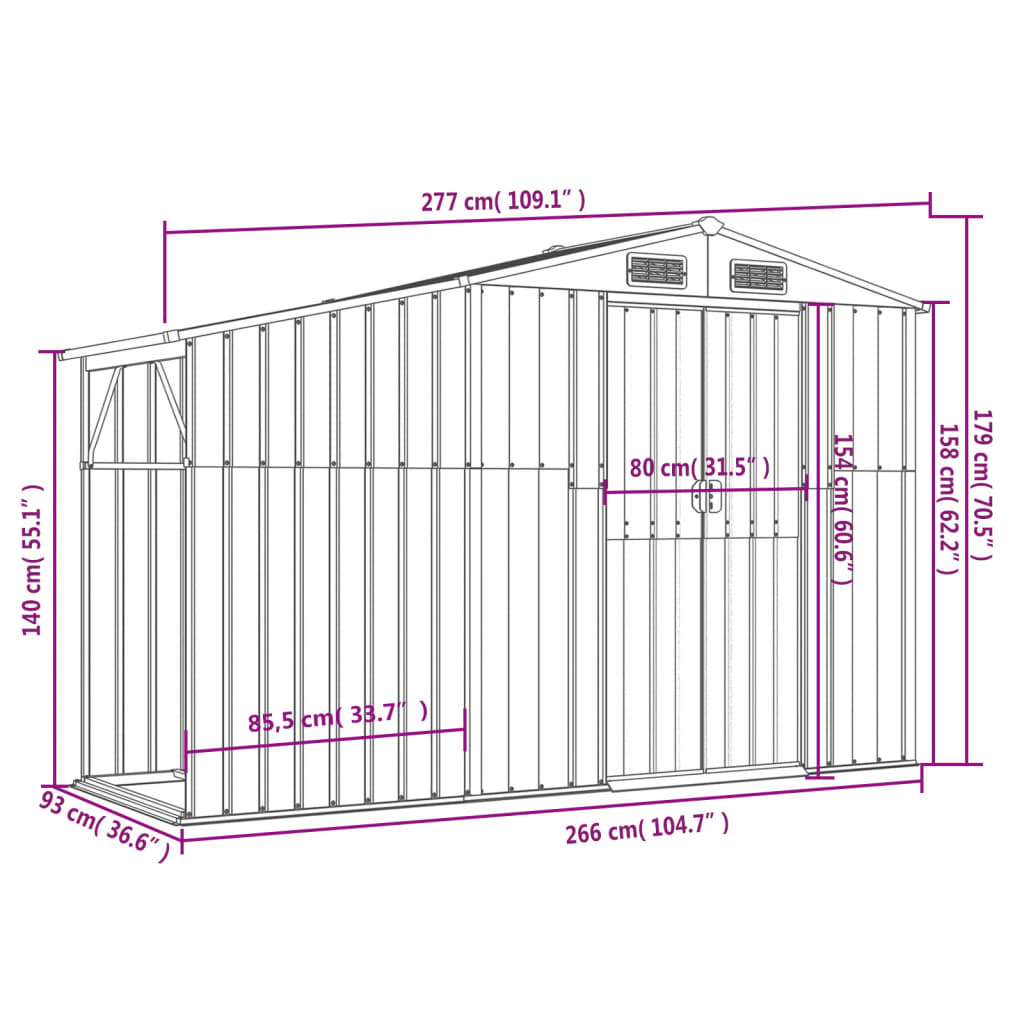 vidaXL Cobertizo de jardín acero galvanizado verde 277x93x179 cm