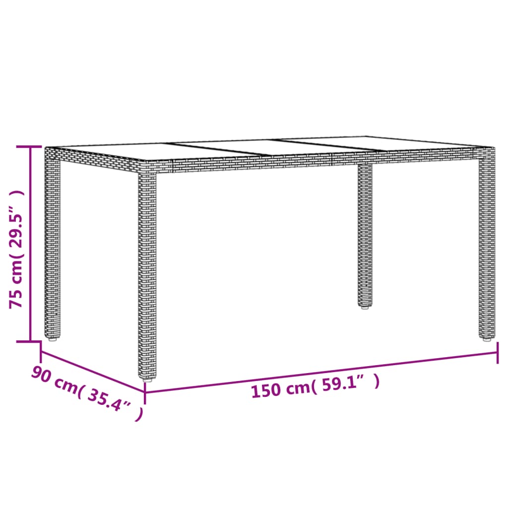 vidaXL Mesa de jardín superficie de vidrio ratán PE gris 150x90x75 cm