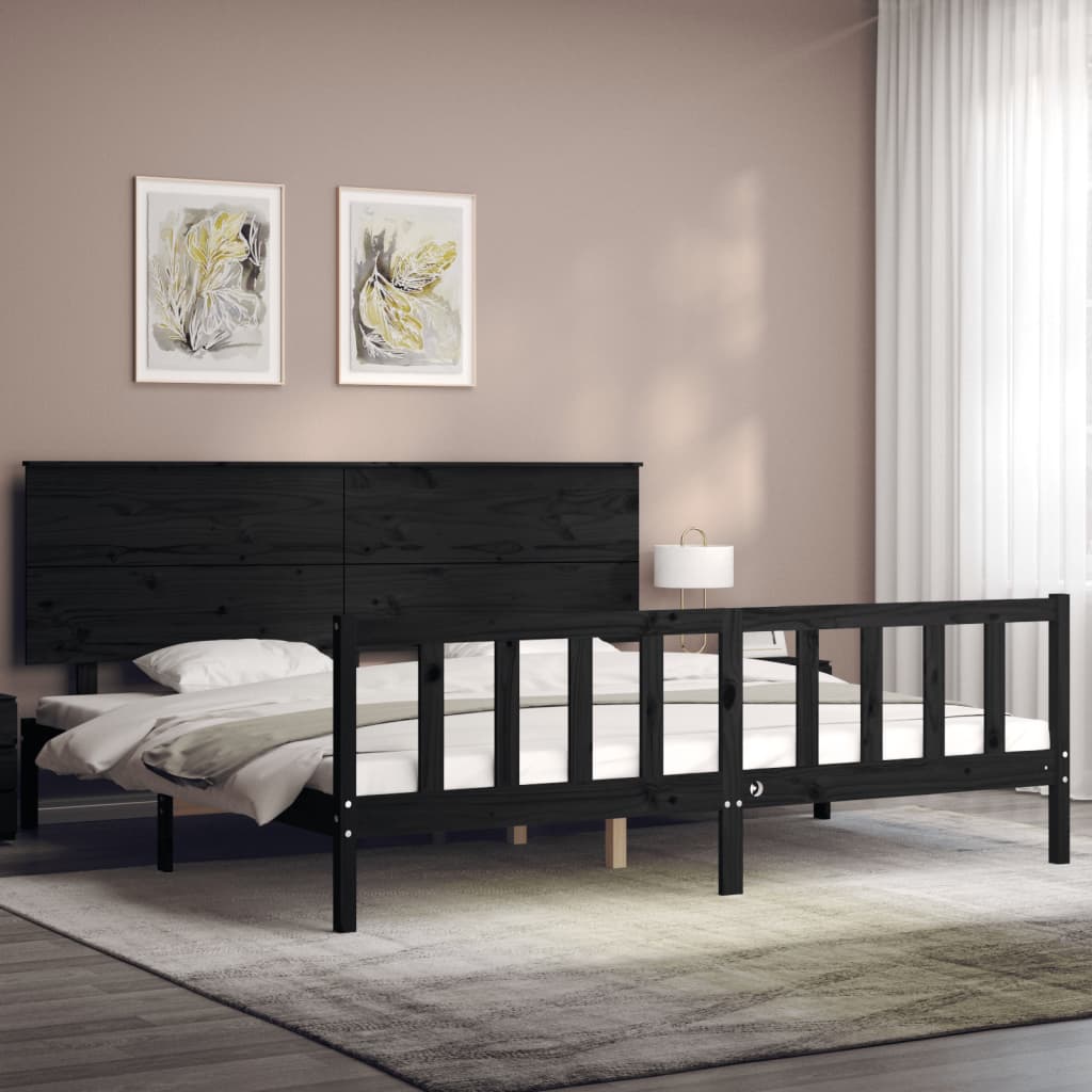 vidaXL Estructura cama de matrimonio con cabecero madera maciza negro