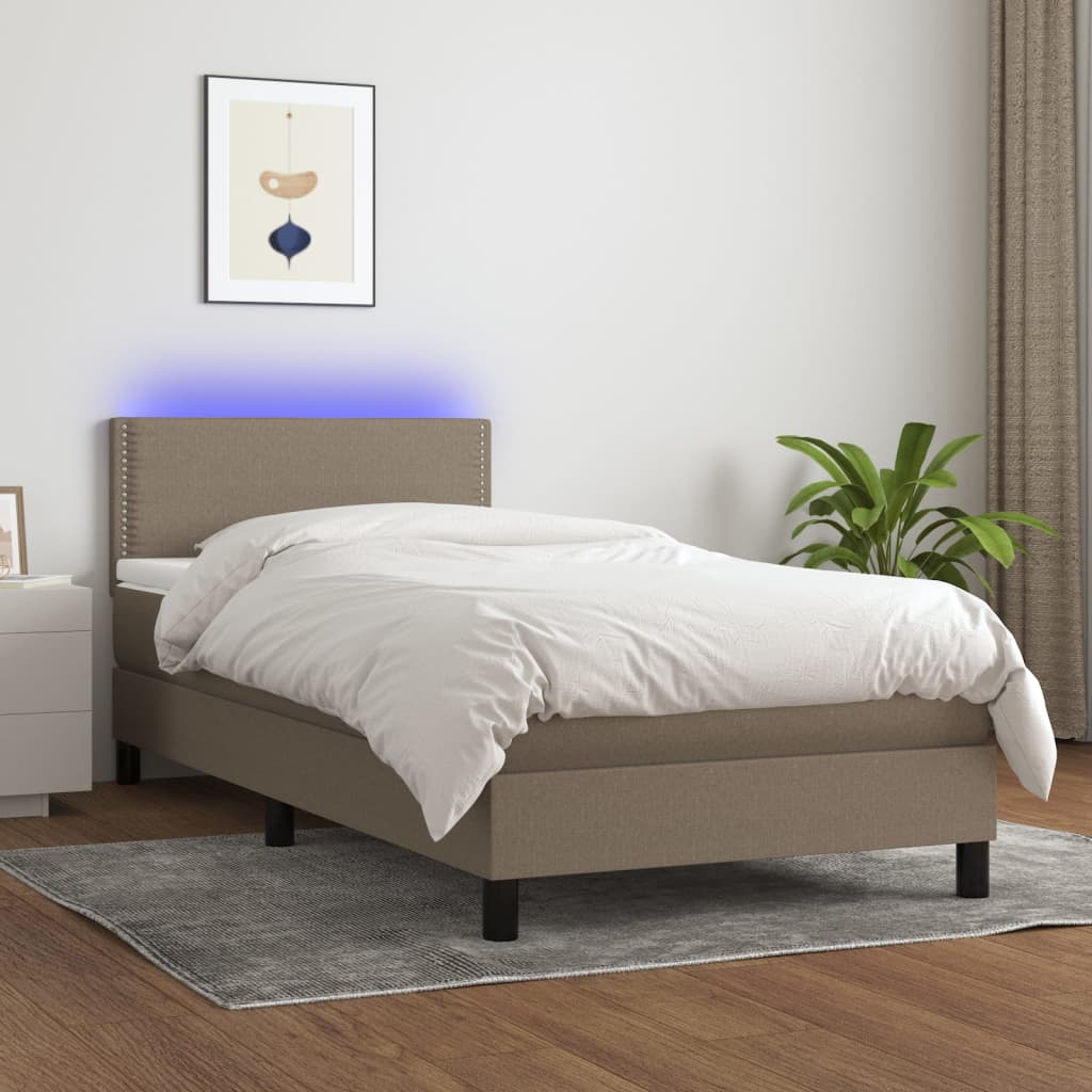 vidaXL Cama box spring colchón y luces LED tela gris taupe 90x200 cm