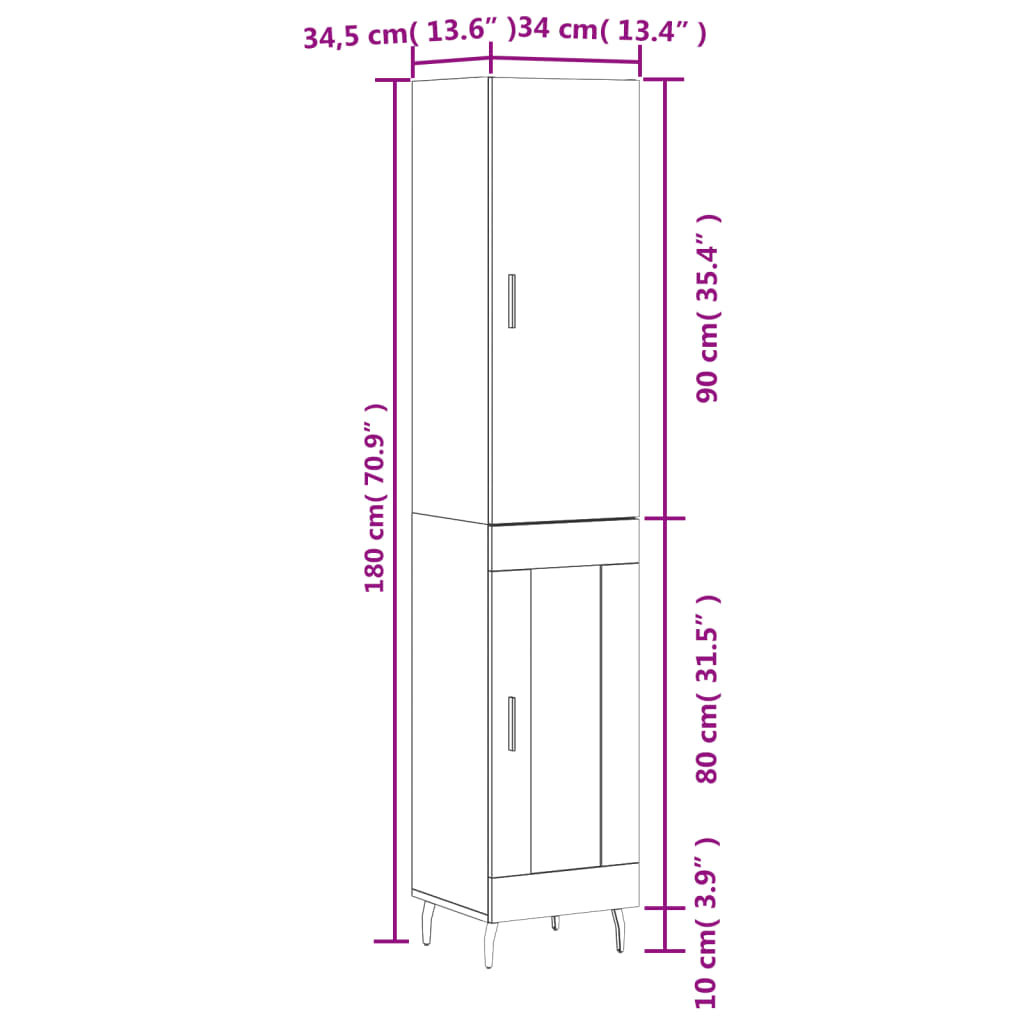 vidaXL Aparador alto madera contrachapada blanco 34,5x34x180 cm