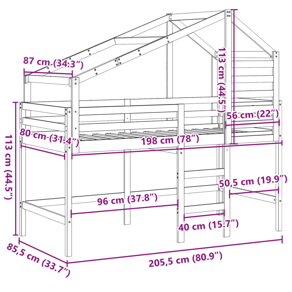 vidaXL Cama alta con escalera y techo madera maciza de pino 80x200 cm